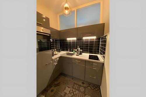 a kitchen with gray cabinets and a sink at Stylischer Altbau im Zentrum in Kiel