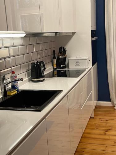 a white kitchen with a sink and a counter at Stylischer Altbau im Zentrum in Kiel