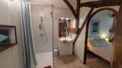 - une chambre avec un lit, une douche et un lavabo dans l'établissement Le Prieuré Saint Pierre, gîtes et chambres d'hôtes dans un parc classé, à Réaumur