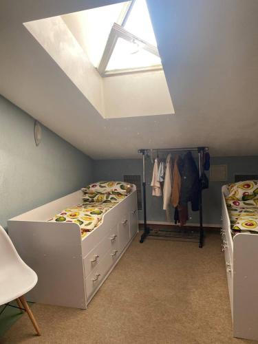 a room with two beds and a skylight in a attic at Мансарда- укриття поруч, 10 метрів in Kyiv