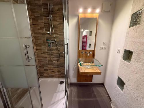 une salle de bain avec une douche, un lavabo et un miroir dans l'établissement Appartement P2 à 4km D'UZÈS, à Saint-Quentin-la-Poterie
