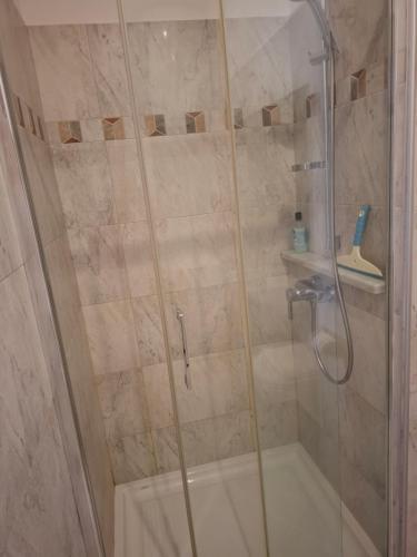 Un baño con ducha con puerta de cristal. en Studios Mimoza, en Dubrovnik