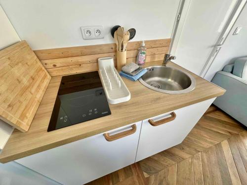 une cuisine avec un évier et un comptoir avec un évier dans l'établissement Appartement 5 personnes à 100 m de la plage, à Berck-sur-Mer