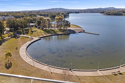 an aerial view of a large body of water at Stunning Lake-View in Belconnen in Belconnen