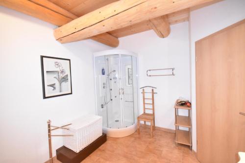 a bathroom with a shower and a wooden ceiling at Ski-N-Lake Chalet One in Zell am See