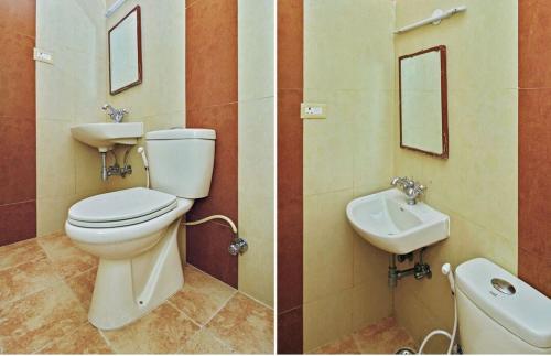 two pictures of a bathroom with a toilet and a sink at Happy Valley in Kodaikānāl