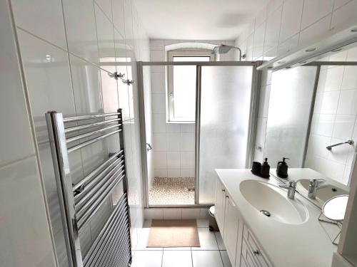 une salle de bain blanche avec une douche et un lavabo dans l'établissement Appartement bourgeois centre, à Strasbourg