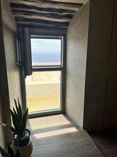 a window in a room with a potted plant at Nymfea Ano Syros in Ano Syros