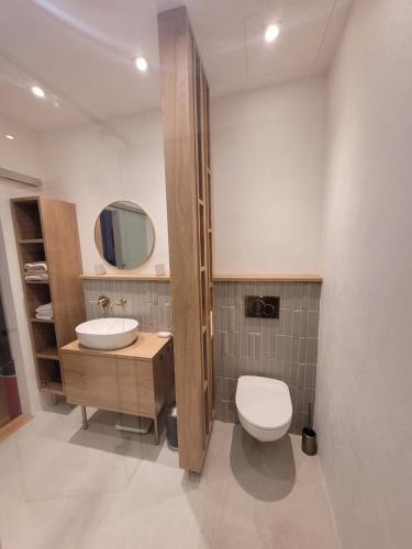 a bathroom with a toilet and a sink and a mirror at 3PAPIGE Apartment in Piran
