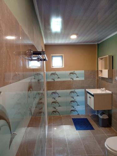 a bathroom with a shower and a sink at iruka guesthouse in Bandara