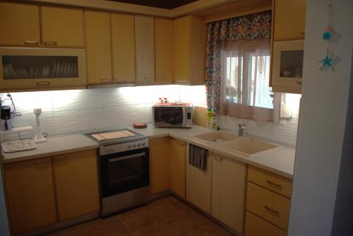 a kitchen with a sink and a microwave in it at Verde Home in Néa Meságkala