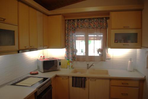 a kitchen with a sink and a microwave at Verde Home in Néa Meságkala