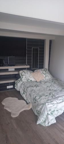 - un lit simple dans une chambre avec un bureau dans l'établissement Maison au calme avec jardin et grande terrasse, à Brest