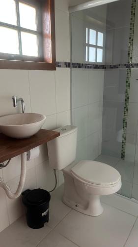 a bathroom with a toilet and a sink and a shower at Pousada Refugio dos Palmares in São Bento do Sapucaí