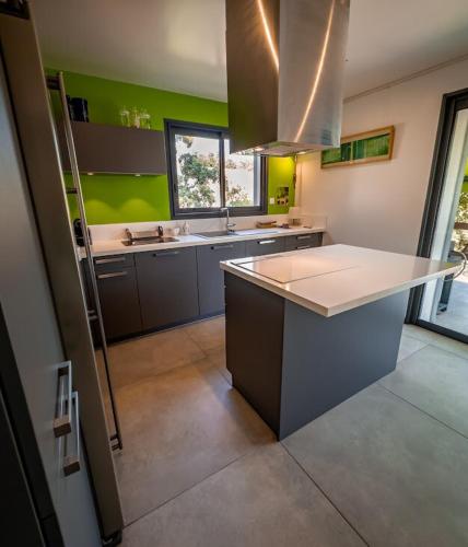 - une cuisine avec des murs verts et un comptoir blanc dans l'établissement Villa Marinade - St-Aygulf 280m de la plage, à Fréjus