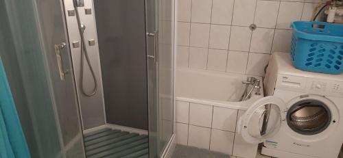 a bathroom with a shower and a washing machine at Palmer F3 Vue panoramique sur la Mer et Jardin 1 à 4 personnes in Saint-Pierre