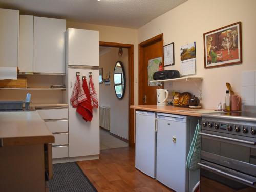 eine Küche mit weißen Schränken und einem Kühlschrank in der Unterkunft Mill Cottage, Marsh Mills in Aveton Gifford