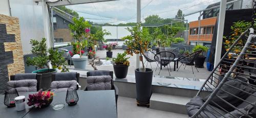 a balcony with a bunch of potted plants on it at Cityferienwohnung in Emmerich