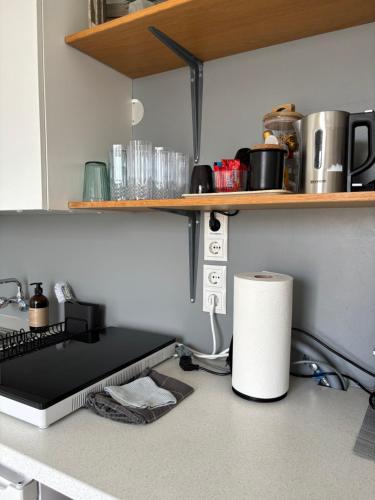 a kitchen counter with a stove and a roll of paper towels at BergOne in Ytri-Njarðvík