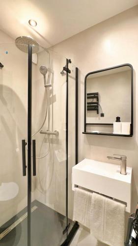 a bathroom with a sink and a shower and a mirror at Hotel Weinhaus Kreuter in Koblenz