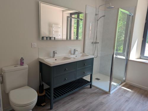 une salle de bain avec un lavabo, une douche et des toilettes dans l'établissement Gîte de la Fède, à Fondamente