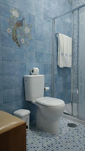 a blue tiled bathroom with a toilet and a shower at ALojamento Costa da Banga in Geres