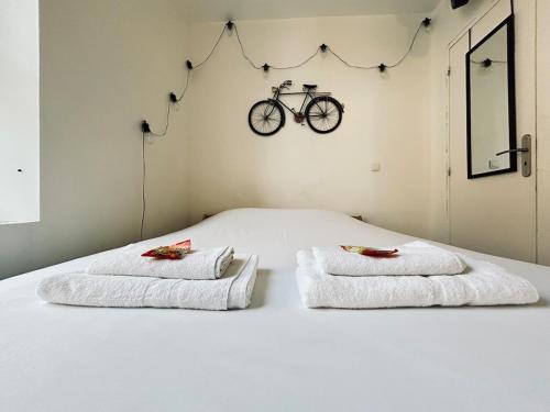 - une chambre avec un lit et un vélo sur le mur dans l'établissement Lys 7 magnifique studio tout équipé proche de tout, à Reims