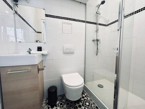 une salle de bain avec une douche, des toilettes et un lavabo dans l'établissement Lys 7 magnifique studio tout équipé proche de tout, à Reims