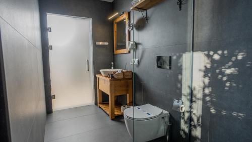 a bathroom with a toilet and a sink and a shower at Vista Del Amor Faralya in Fethiye