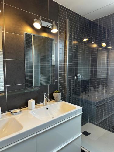 une salle de bain avec un lavabo, un miroir et une douche dans l'établissement Appartement lumineux avec parking privé et balcon, à Toulon