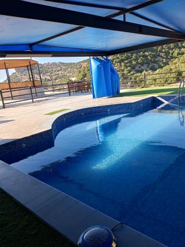 a large swimming pool under a blue tent at Neverland Resort مزرعة نيفرلاند in Irbid