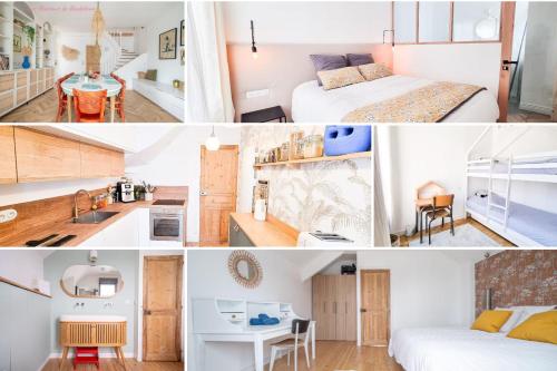un collage de photos d'une chambre et d'un salon dans l'établissement Belle des Marais, Villa terrasse, plage et bourg à pied, au Pouliguen