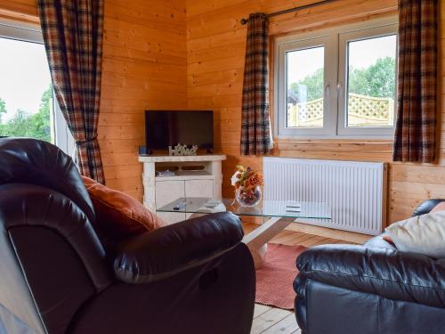 sala de estar con silla de cuero y TV en Pheasant Lodge - Uk33402, en Hungerton