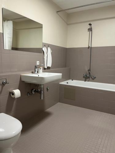 a bathroom with a toilet and a sink and a tub at Ferienwohnung Stadtblick in Kehl am Rhein