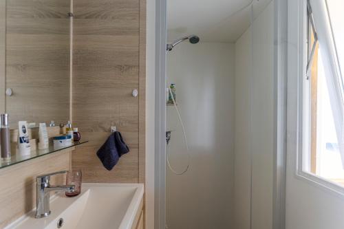 a bathroom with a sink and a shower at Mobil-home Ambon 6 personnes in Ambon
