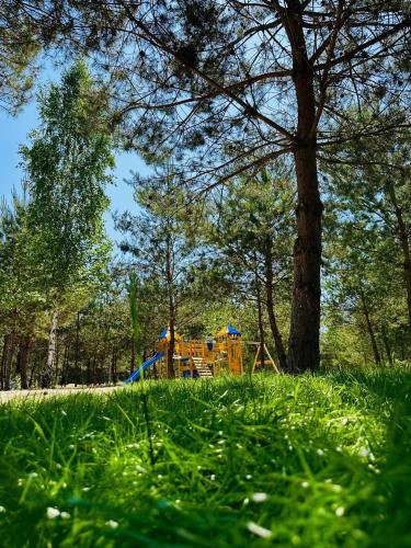 a yellow playground in a park with trees and grass at Przystanek Nowa Ruda in Ślesin
