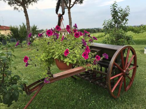 a flower pot on a cart filled with flowers at La Corte D'Emilio B&B in Vignola