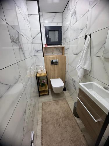 a bathroom with a sink and a toilet and a tv at KUZINATRA Apartament in Slănic-Moldova