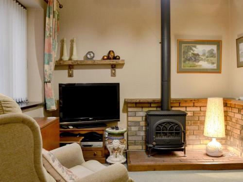 a living room with a fireplace and a flat screen tv at Printers Cottage in Ambleside
