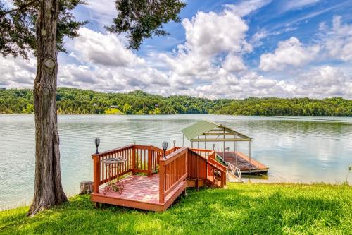 a dock on a lake with a boat at Lazy Man's Way in Sevierville