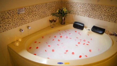 a bath tub with red hearts on the floor at Chalés Verde Maua in Visconde De Maua