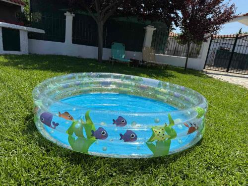 ein Fischteich im Gras in einem Hof in der Unterkunft Ioannis Grand House in Áyios Pávlos