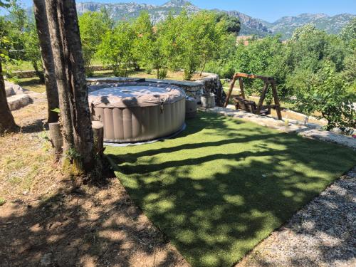 a garden with a large tub in the grass at Bed & Wine Djonovic in Virpazar