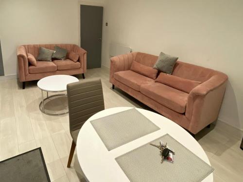 a living room with two brown couches and a table at New York Apartment in Sheffield