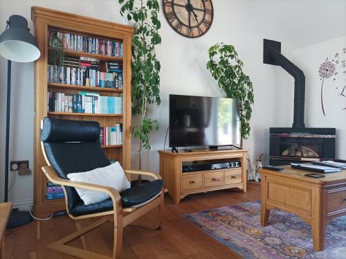 a living room with a chair and a tv at Olde Farm Holiday Cottages in Banham