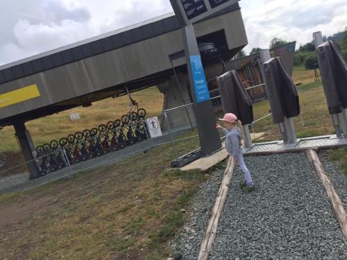 a little girl standing on a fence near a gas station at Penzion SATELIT in Deštné v Orlických horách