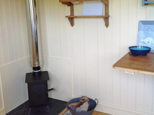 a kitchen with a stove and a dog in a bucket at Beeches Shepherd Hut in Harleston