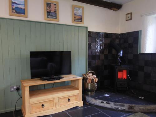 ein Wohnzimmer mit einem TV und einem Holzofen in der Unterkunft Passion Flower Cottage - E1468 in Stowford