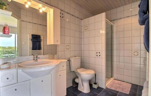 une salle de bain avec toilettes, lavabo et douche dans l'établissement Gite de Kertanguy entre terre et mer, à Mespaul