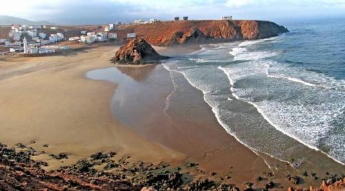 an aerial view of a beach with the ocean at Appartements du Sud Mirleft in Mirleft